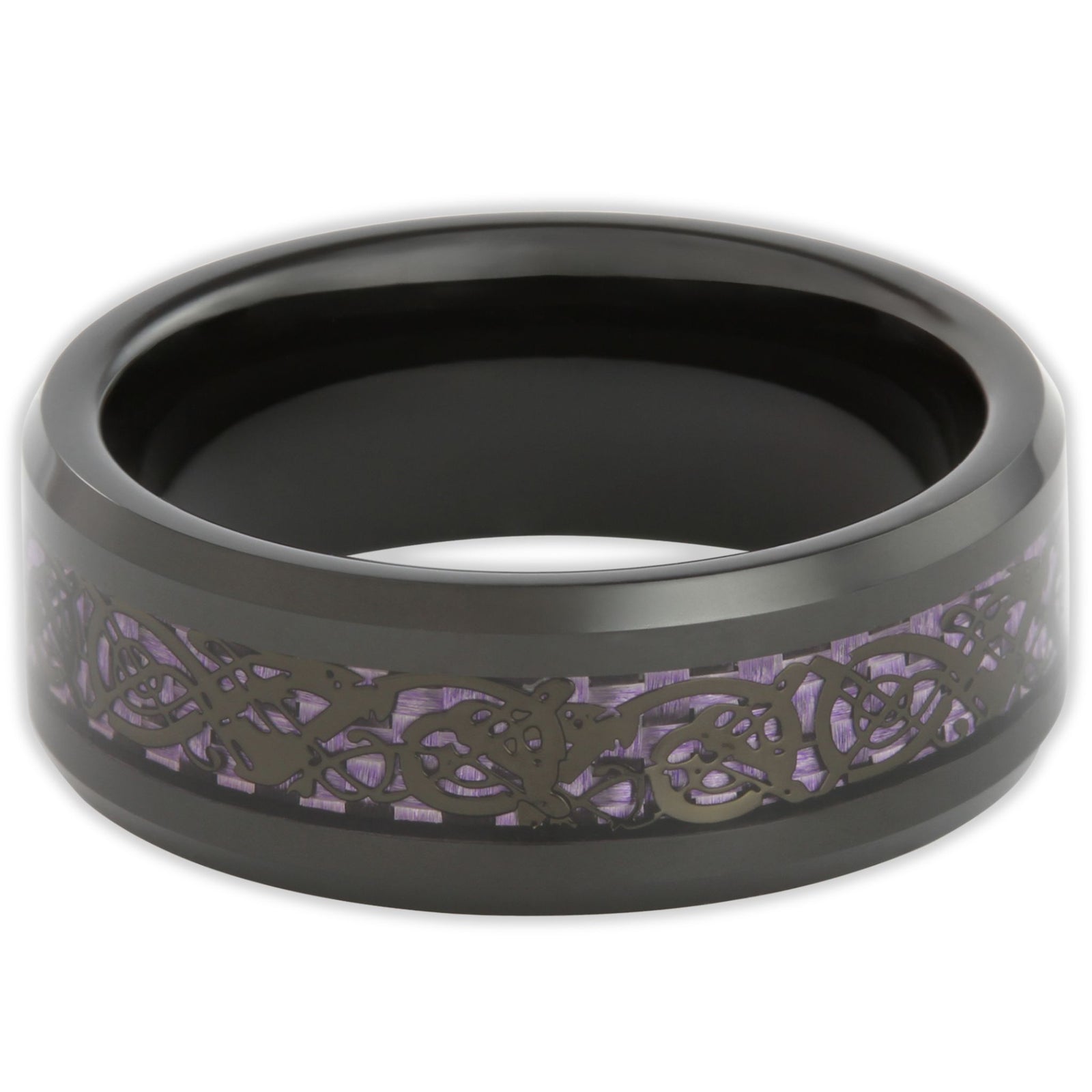 Top view of purple and black ring with Chinese dragon inlay on carbon fibre centre