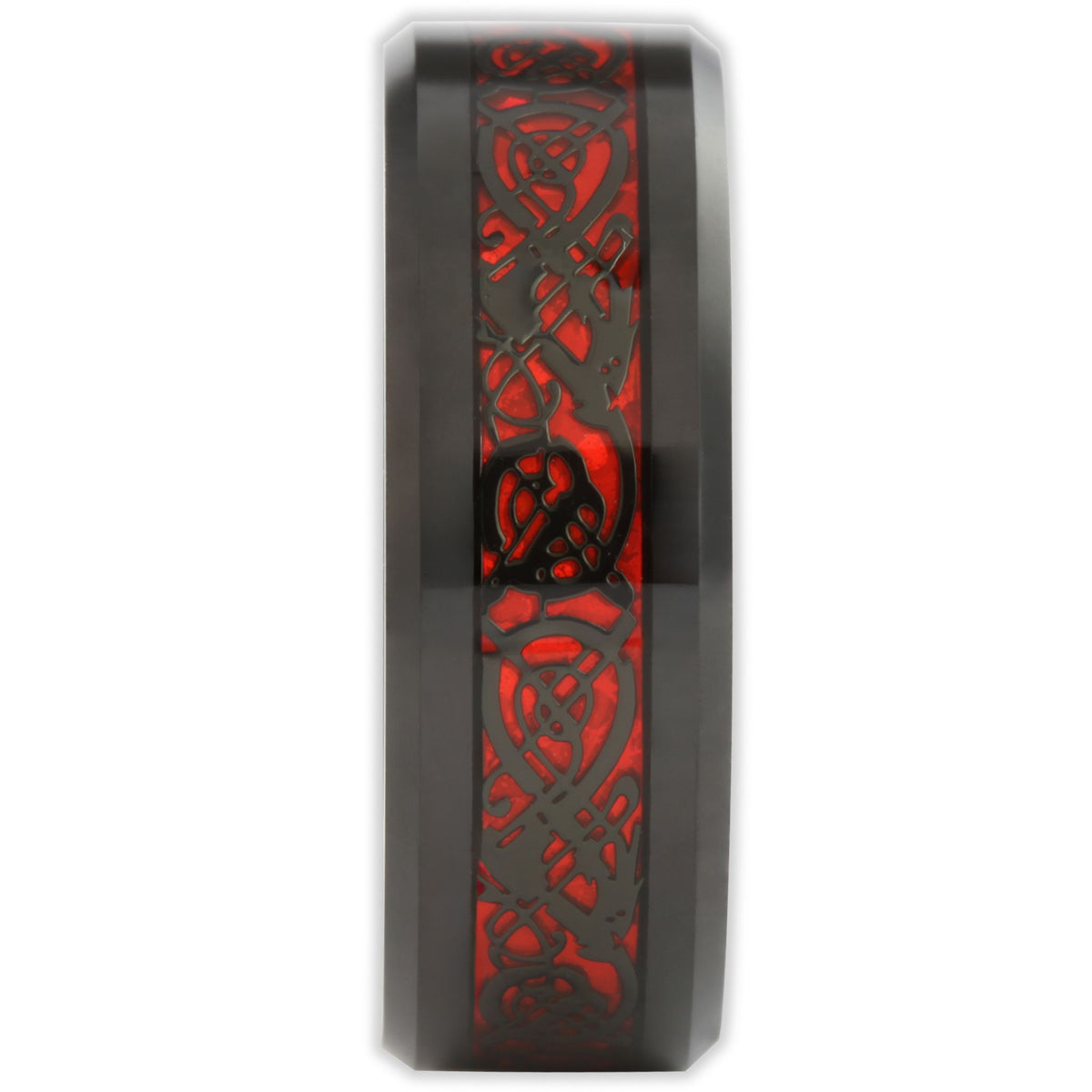 End view of red and black tungsten ring showing band thickness, flat profile and bevelled edges