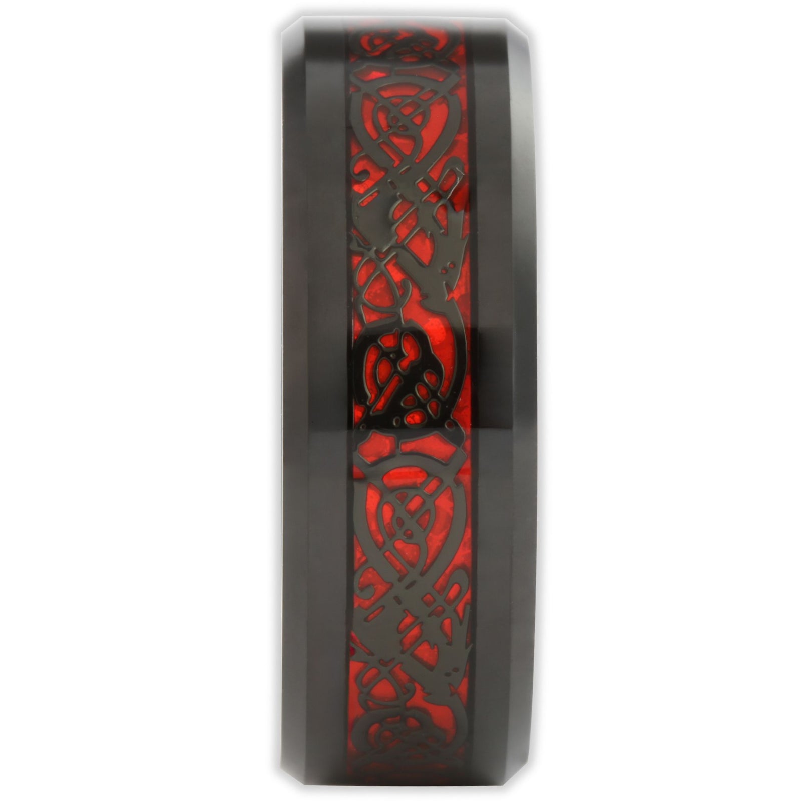 End view of red and black tungsten ring showing band thickness, flat profile and bevelled edges