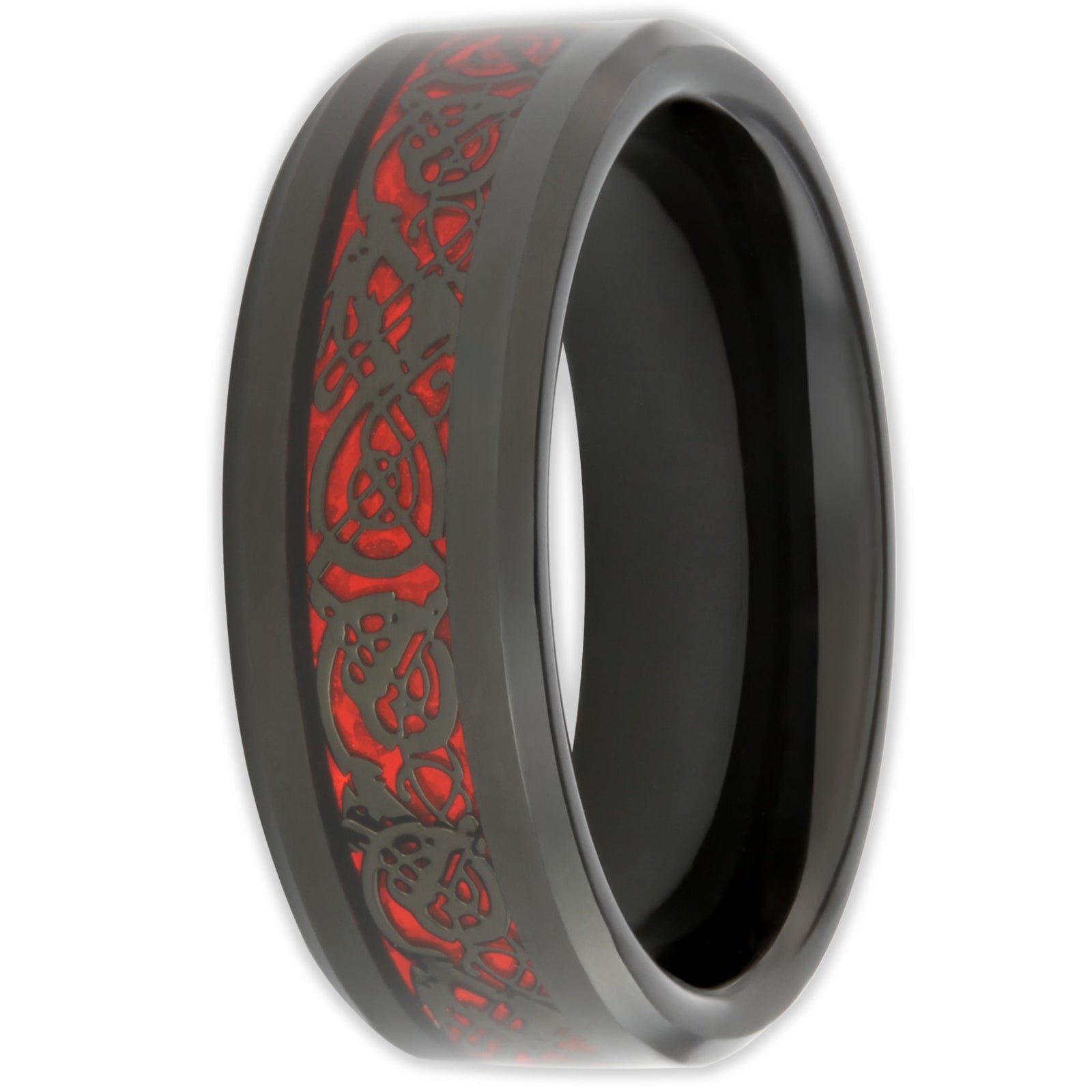 Tungsten ring with black Chinese dragon design on red carbon fibre inlay and bevelled edges