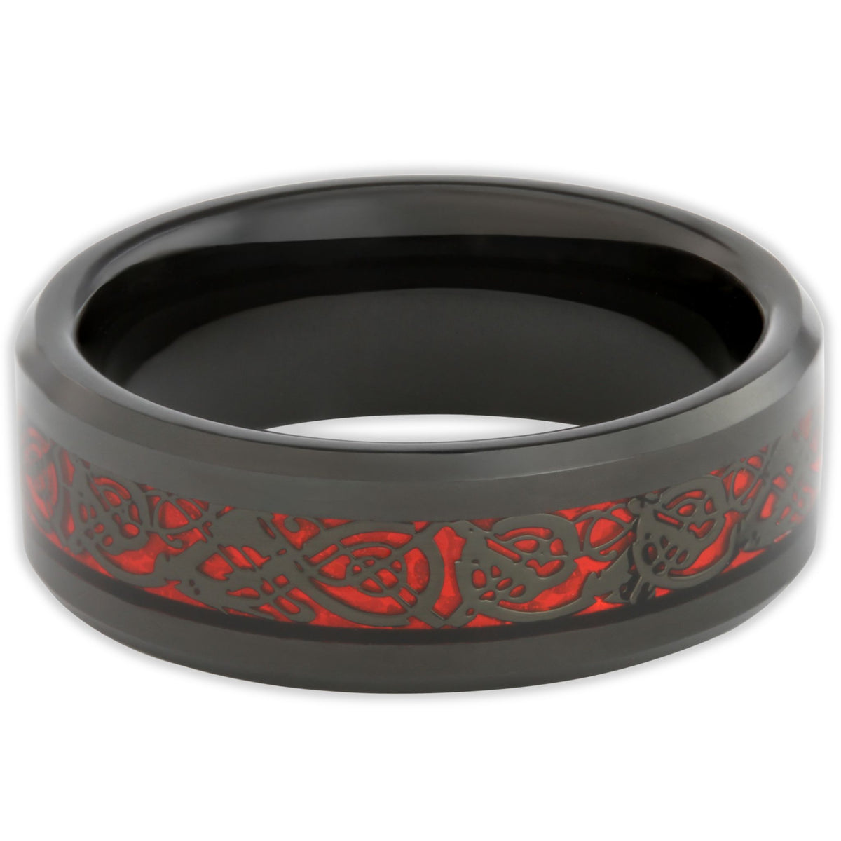 Top view of red and black ring with Chinese dragon inlay on carbon fibre centre