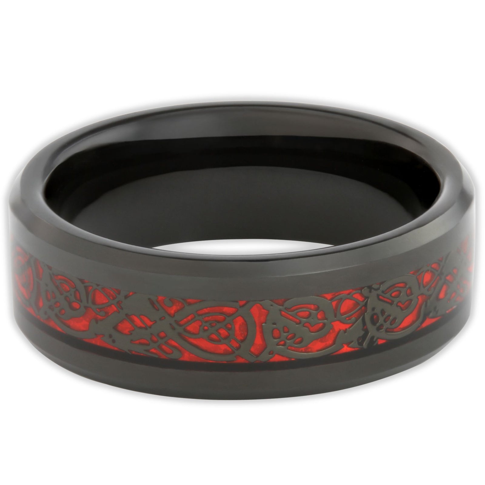 Top view of red and black ring with Chinese dragon inlay on carbon fibre centre
