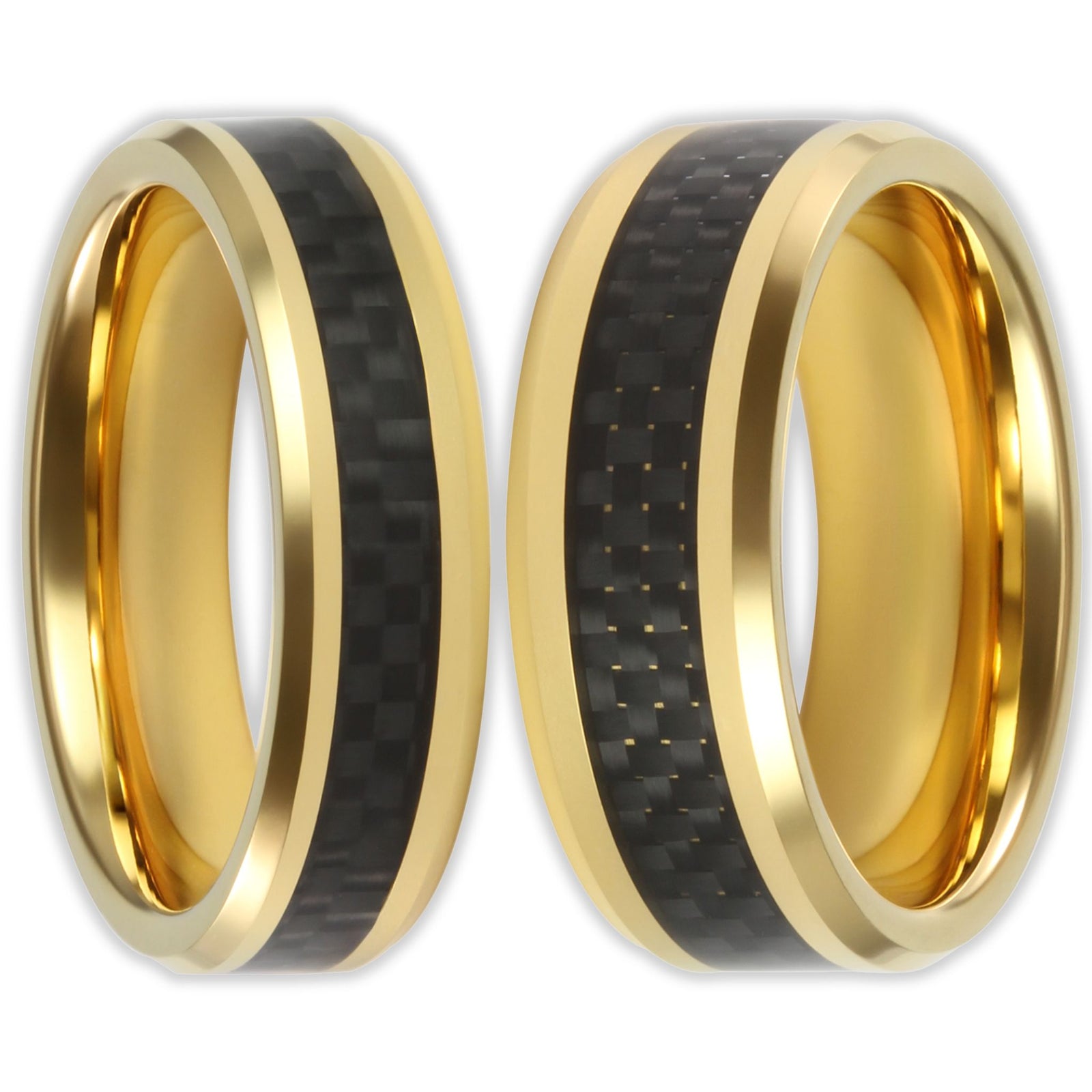 Front view of third dimension tungsten rings with smooth polished finish and 8mm and 6mm bands