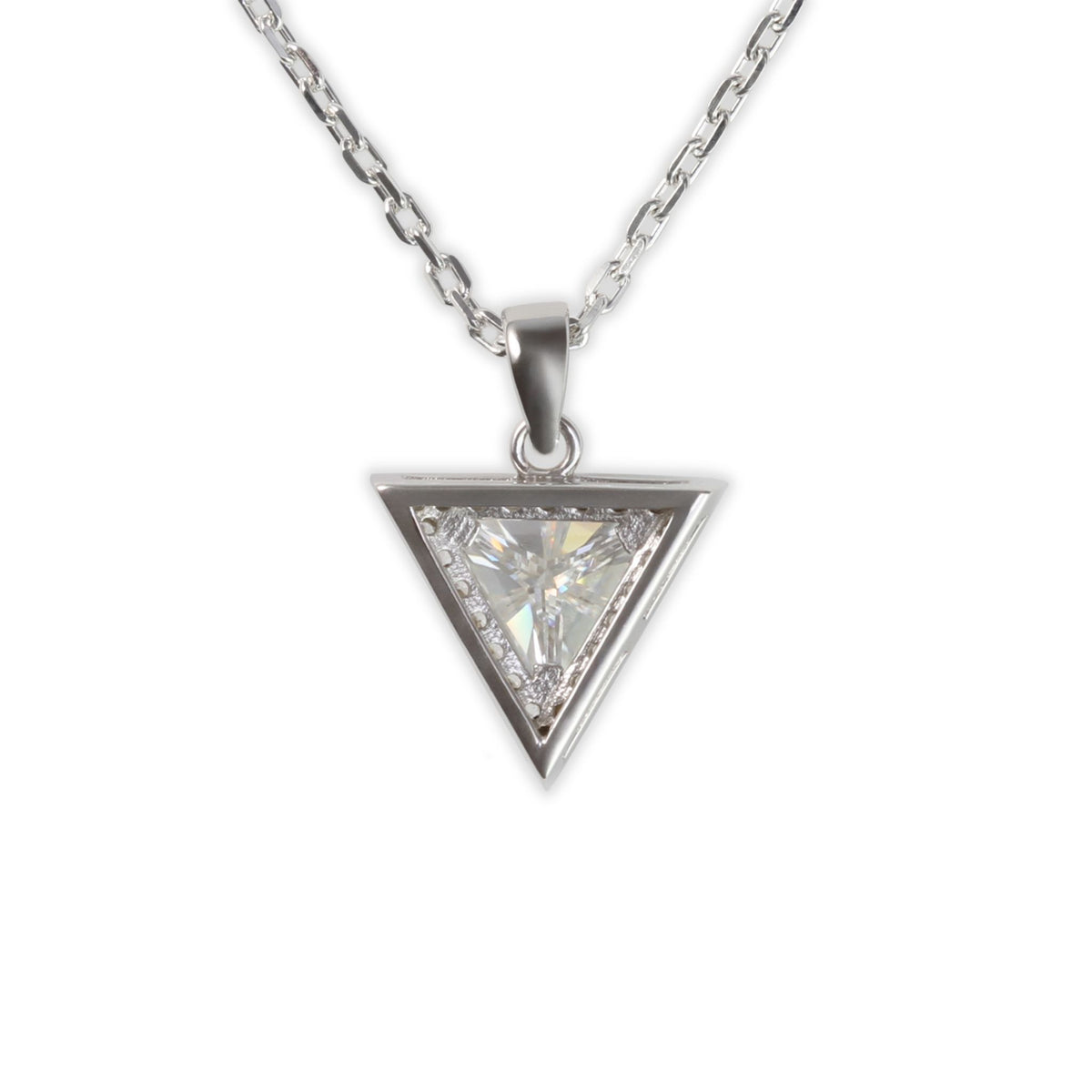 White Gold 1ct Triangle Moissanite Halo Silver Dazzle Pendant Necklace