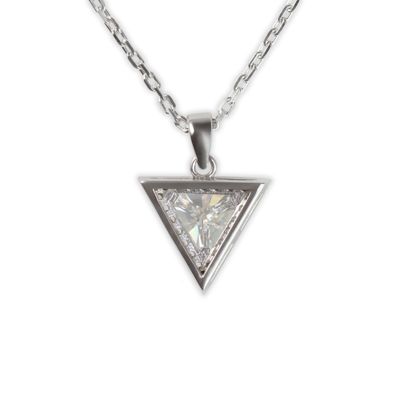 White Gold 1ct Triangle Moissanite Halo Silver Dazzle Pendant Necklace