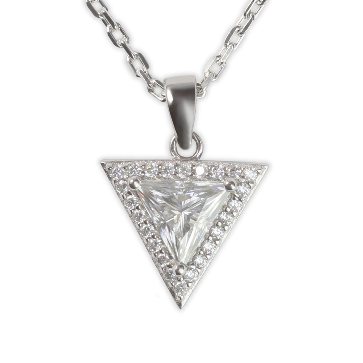White Gold 1ct Triangle Moissanite Halo Silver Dazzle Pendant Necklace