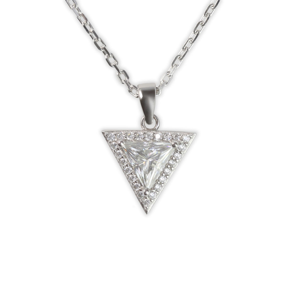 White Gold 1ct Triangle Moissanite Halo Silver Dazzle Pendant Necklace