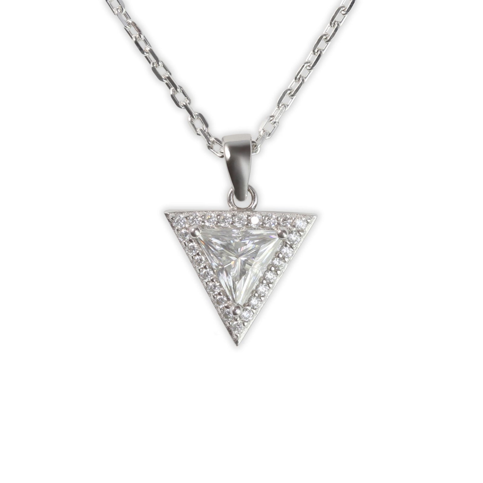 White Gold 1ct Triangle Moissanite Halo Silver Dazzle Pendant Necklace