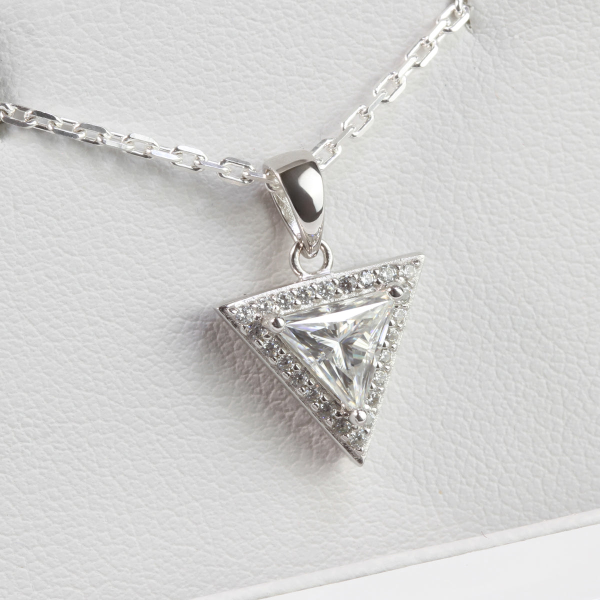 White Gold 1ct Triangle Moissanite Halo Silver Dazzle Pendant Necklace