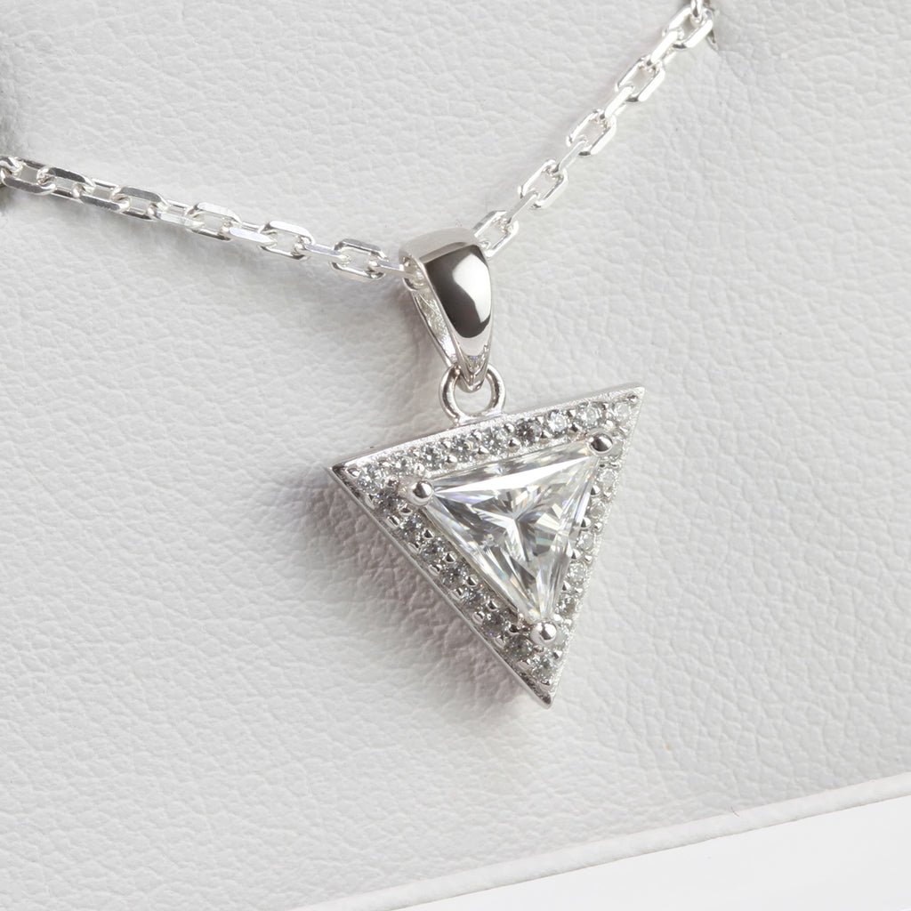 White Gold 1ct Triangle Moissanite Halo Silver Dazzle Pendant Necklace