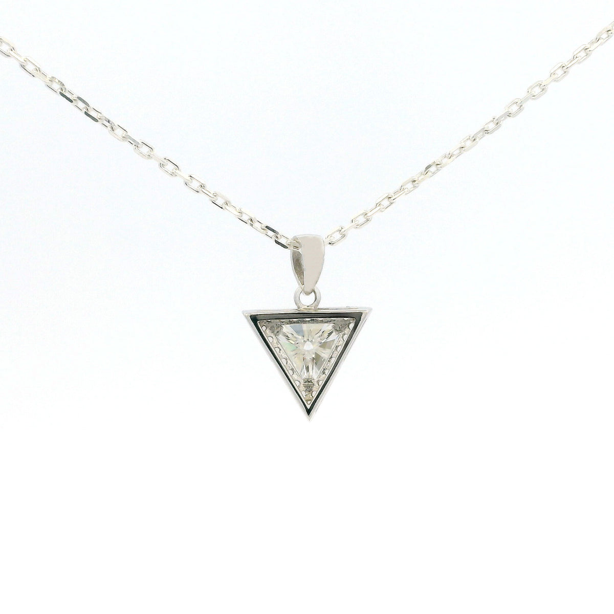 White Gold 1ct Triangle Moissanite Halo Silver Dazzle Pendant Necklace