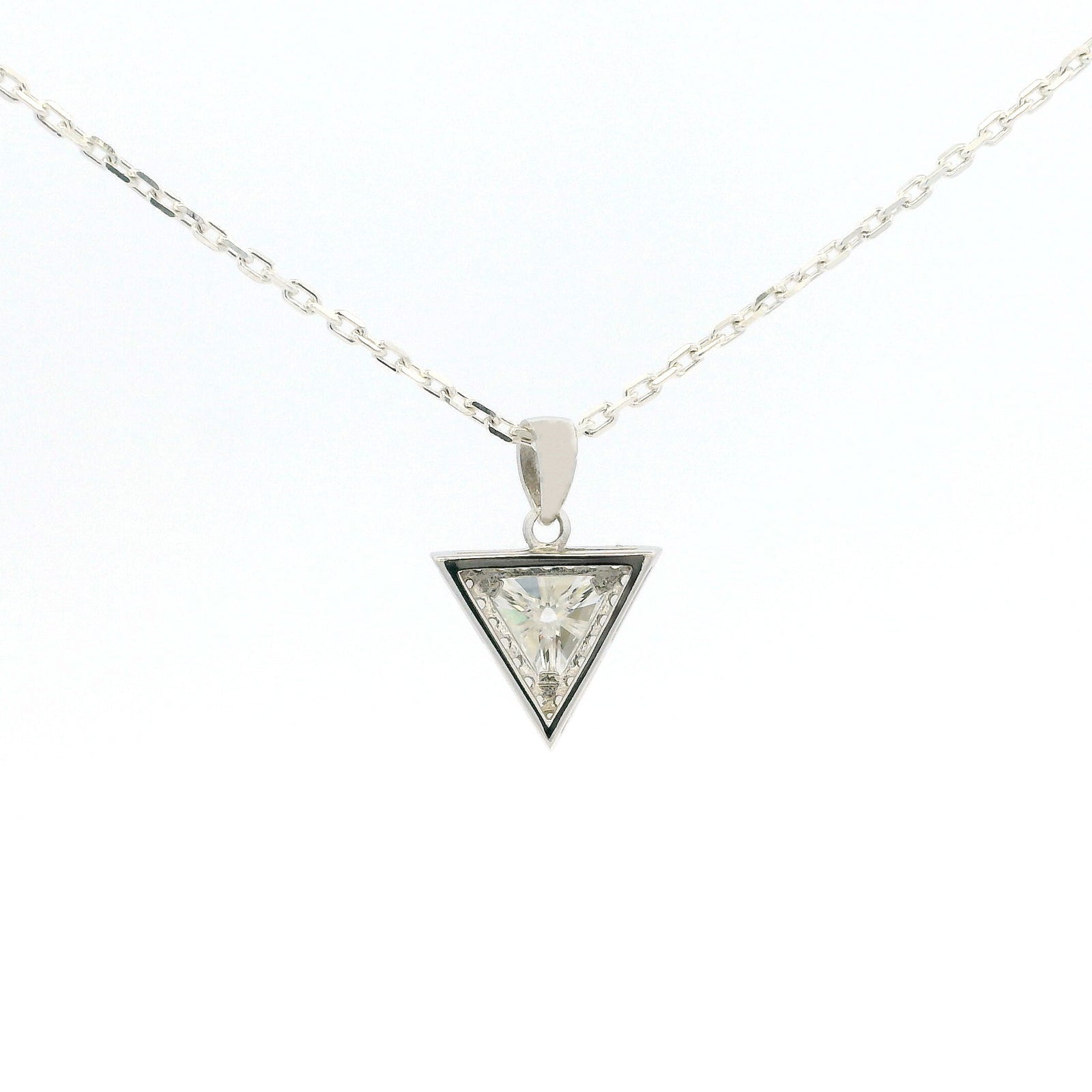 White Gold 1ct Triangle Moissanite Halo Silver Dazzle Pendant Necklace