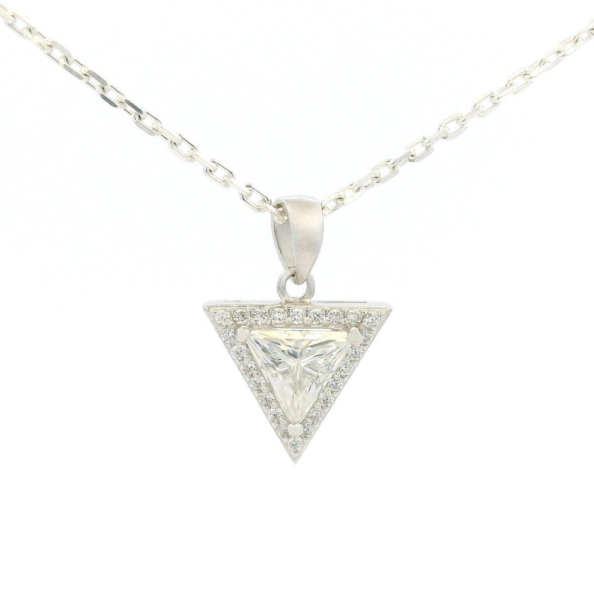 White Gold 1ct Triangle Moissanite Halo Silver Dazzle Pendant Necklace