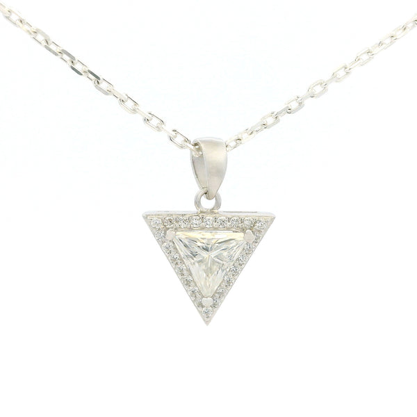 White Gold 1ct Triangle Moissanite Halo Silver Dazzle Pendant Necklace
