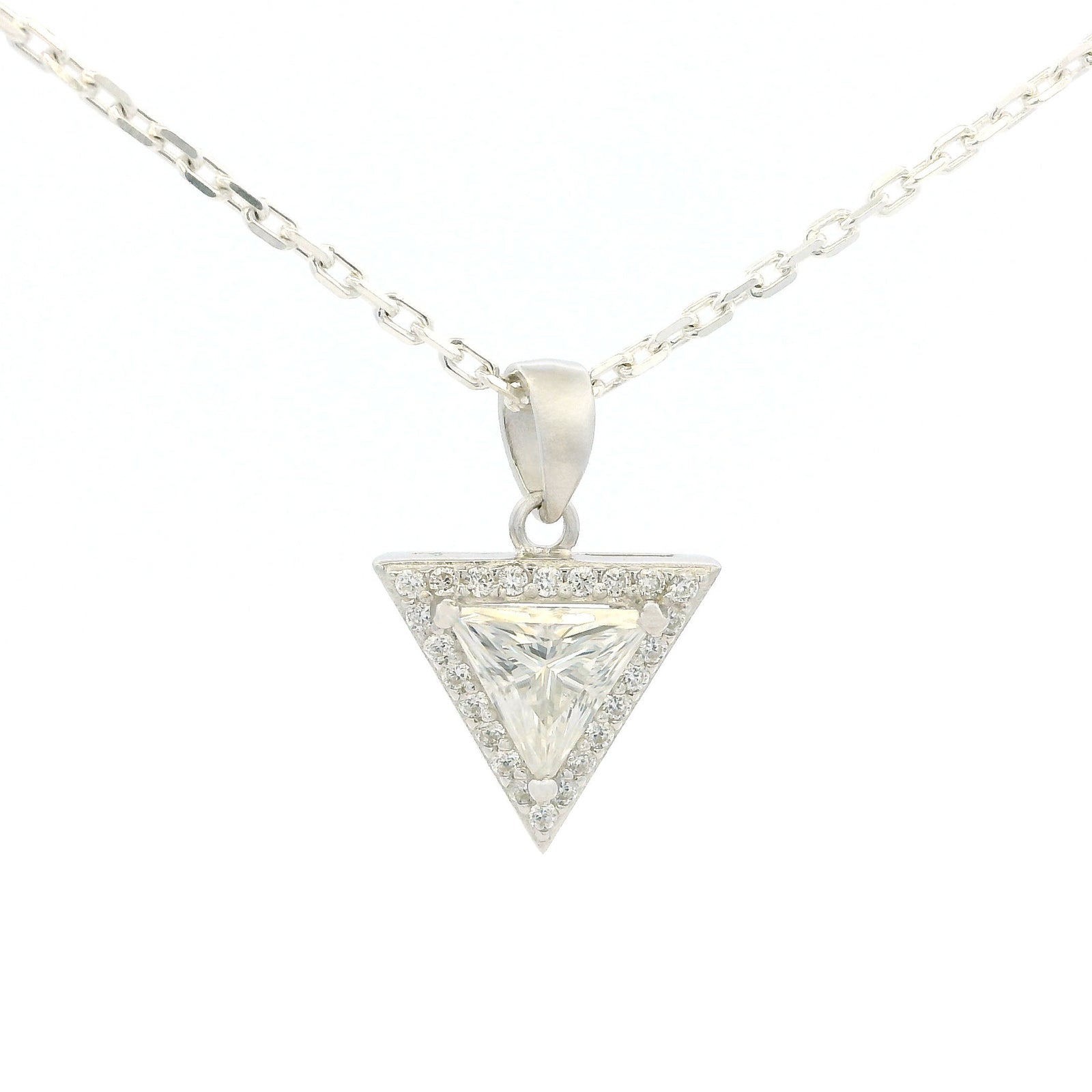White Gold 1ct Triangle Moissanite Halo Silver Dazzle Pendant Necklace