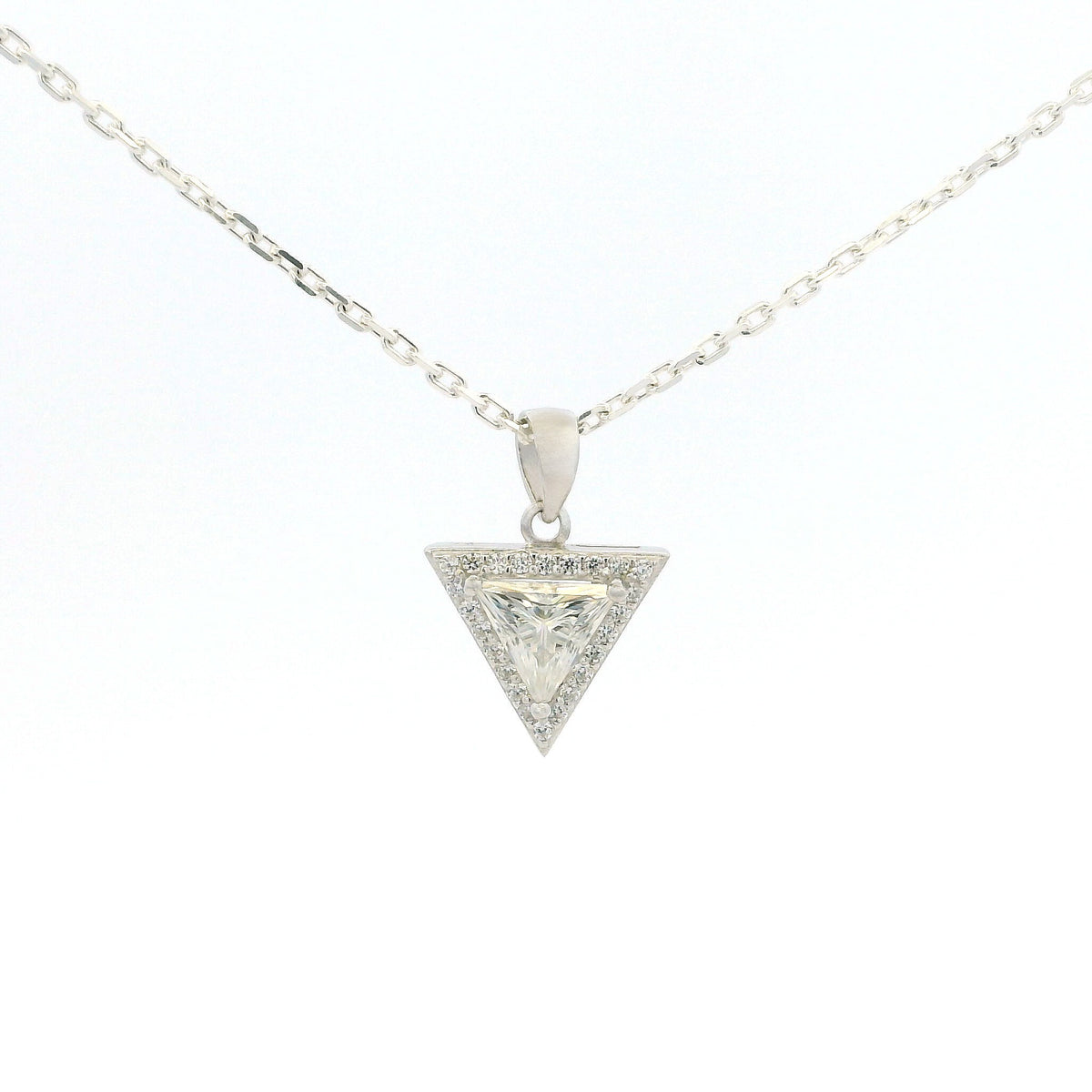 White Gold 1ct Triangle Moissanite Halo Silver Dazzle Pendant Necklace