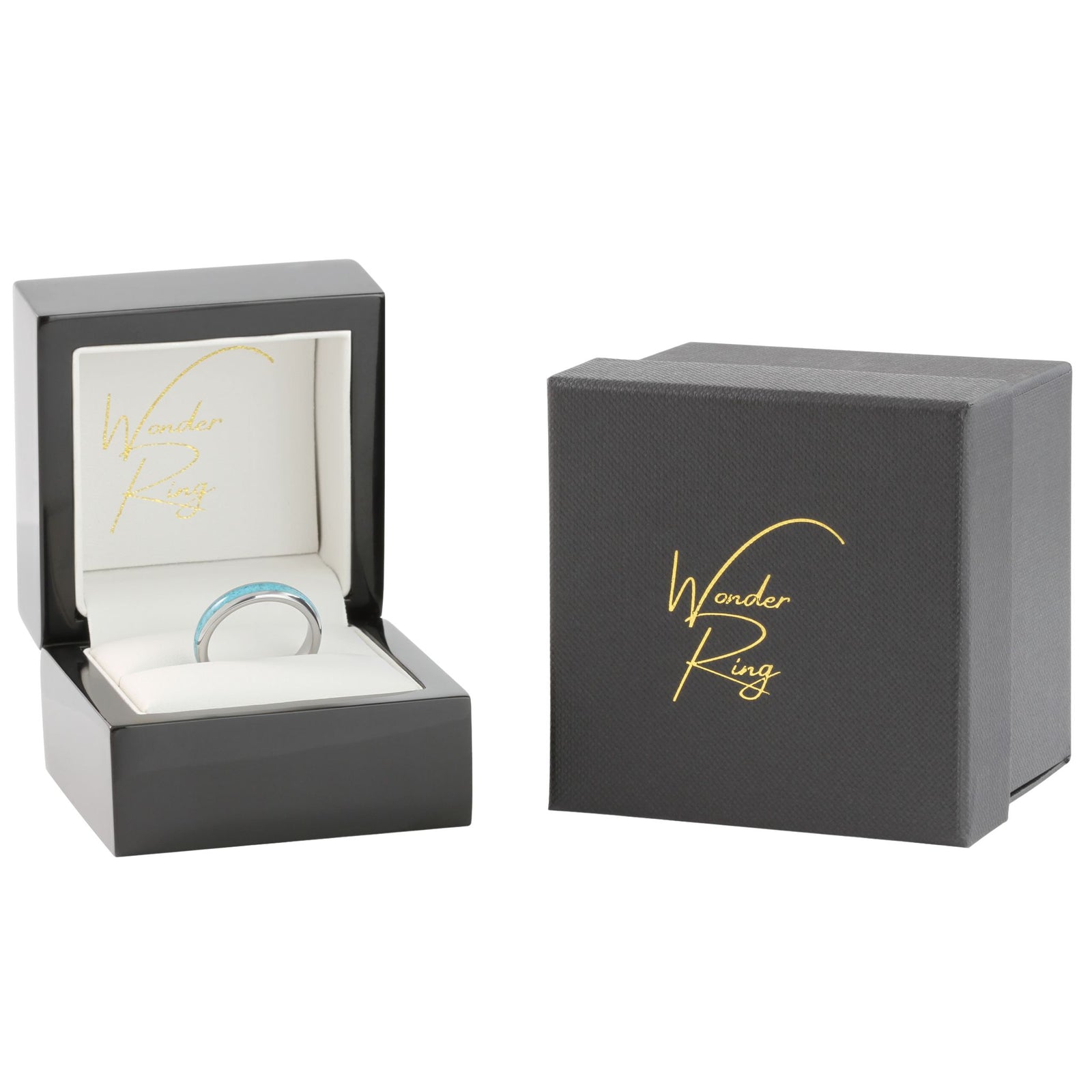 Tungsten 4mm ring with turquoise inlay presented in gift box