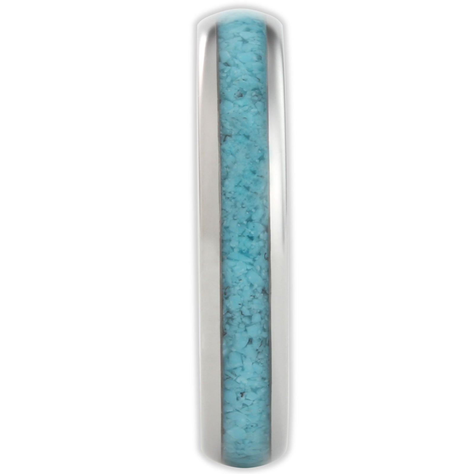 End view of tungsten ring showing 4mm band width and turquoise inlay detail