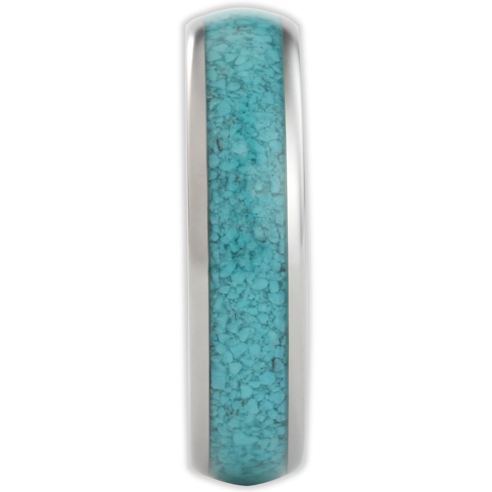 End view of tungsten ring showing 6mm band width and turquoise inlay detail