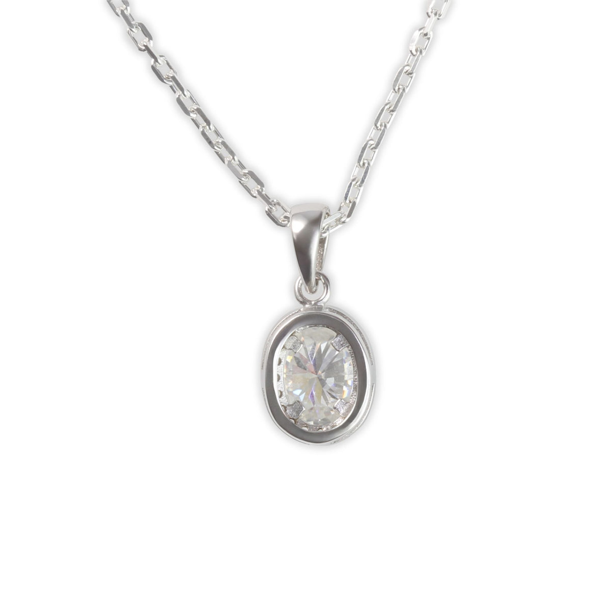 White Gold 1ct Oval Moissanite Halo Silver Dazzle Pendant Necklace
