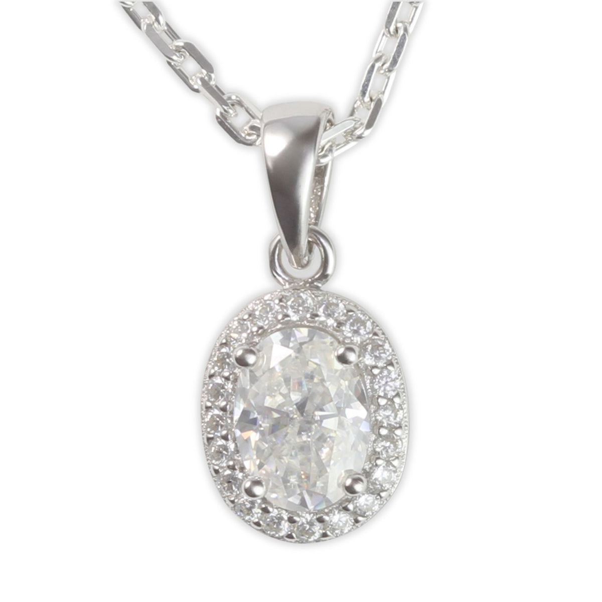White Gold 1ct Oval Moissanite Halo Silver Dazzle Pendant Necklace