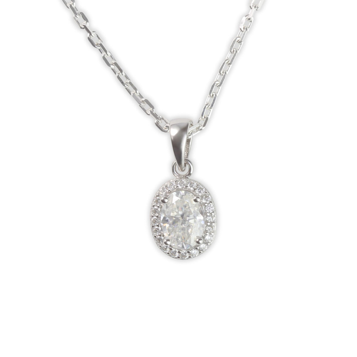 White Gold 1ct Oval Moissanite Halo Silver Dazzle Pendant Necklace