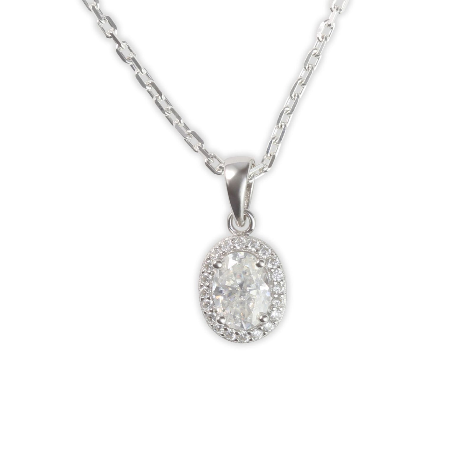White Gold 1ct Oval Moissanite Halo Silver Dazzle Pendant Necklace