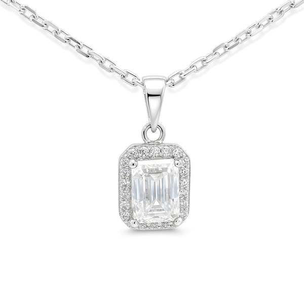 White Gold 1ct Emerald Cut Moissanite Silver Dazzle Pendant Necklace