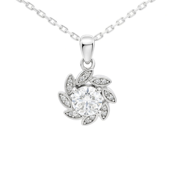 White Gold 1ct Moissanite Flower Silver Dazzle Pendant Necklace