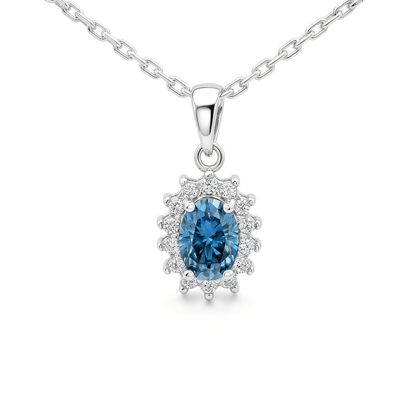White Gold 1ct Oval Blue Moissanite Halo Silver Dazzle Pendant Necklace
