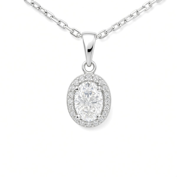 White Gold 1ct Oval Moissanite Halo Silver Dazzle Pendant Necklace