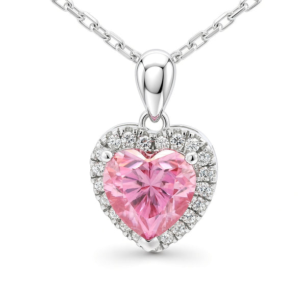 White Gold 1ct Pink Heart Moissanite Halo Silver Dazzle Pendant Necklace