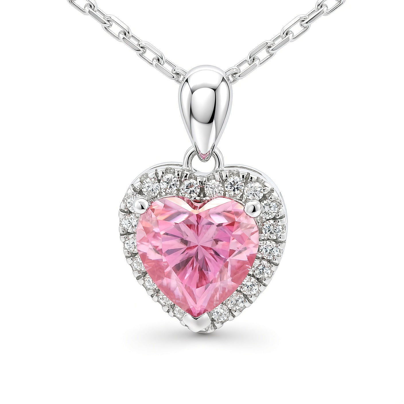 White Gold 1ct Pink Heart Moissanite Halo Silver Dazzle Pendant Necklace