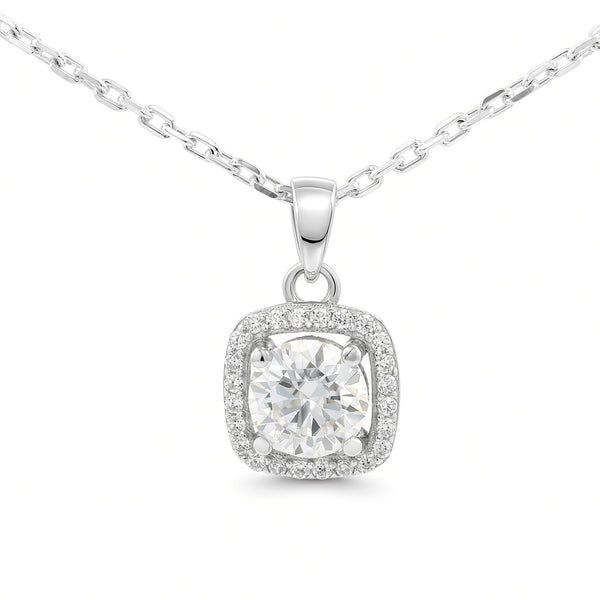 White Gold 1ct Square Moissanite Halo Silver Dazzle Pendant Necklace