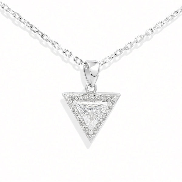 White Gold 1ct Triangle Moissanite Halo Silver Dazzle Pendant Necklace