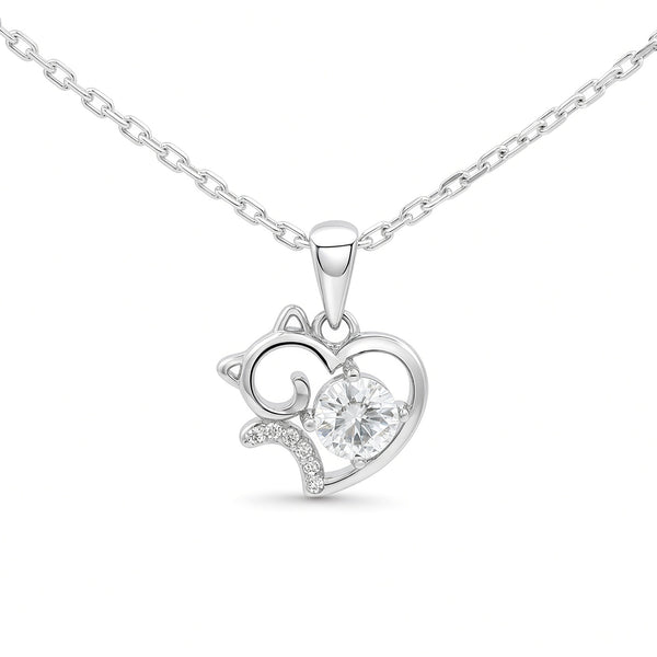White Gold Moissanite Cat Silver Dazzle Pendant Necklace