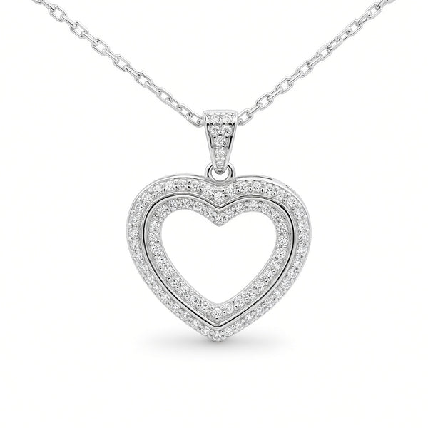 White Gold Moissanite Open Heart Silver Dazzle Pendant Necklace