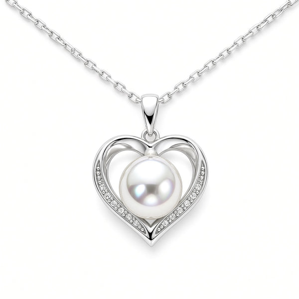 White Gold Moissanite Pearl Heart Silver Dazzle Pendant Necklace