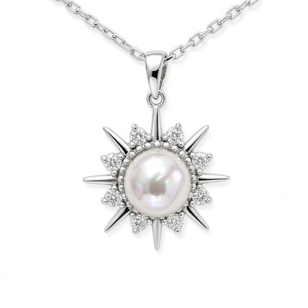 White Gold Moissanite Pearl Star Silver Dazzle Pendant Necklace
