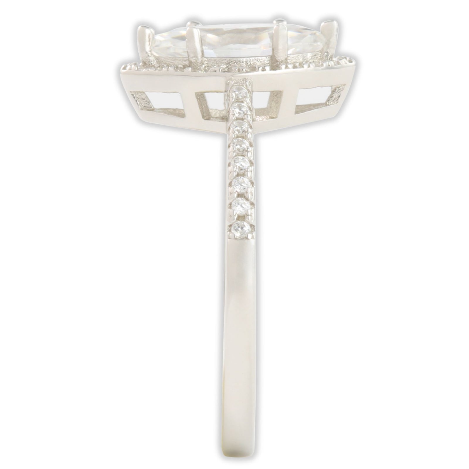 End view of white gold moissanite ring showing band thickness and raised marquise stone setting