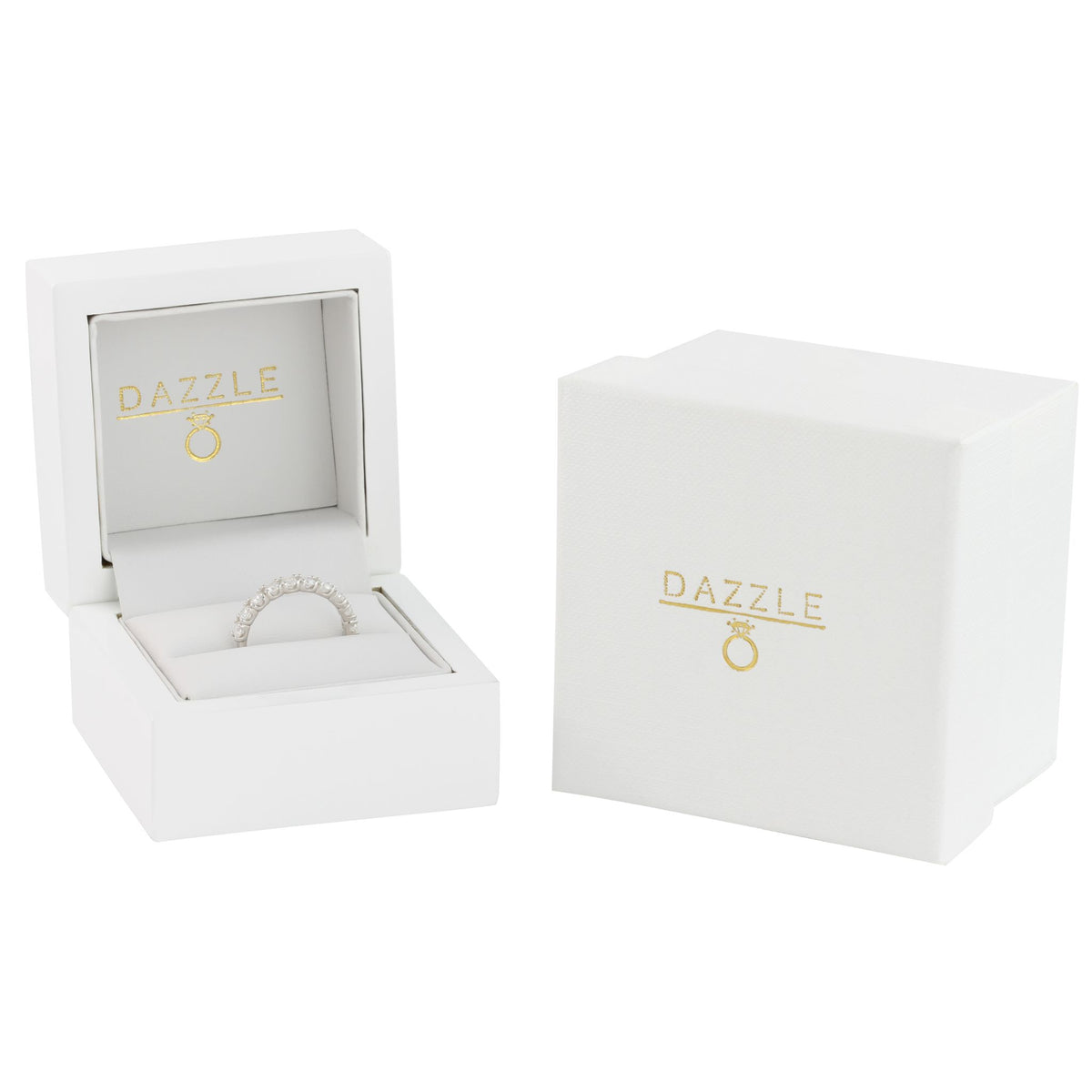 White gold moissanite half eternity ring presented in gift box