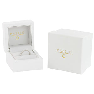 White gold moissanite half eternity ring presented in gift box