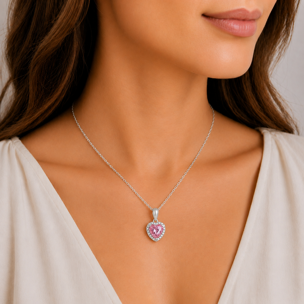 White Gold 1ct Pink Heart Moissanite Halo Silver Dazzle Pendant Necklace