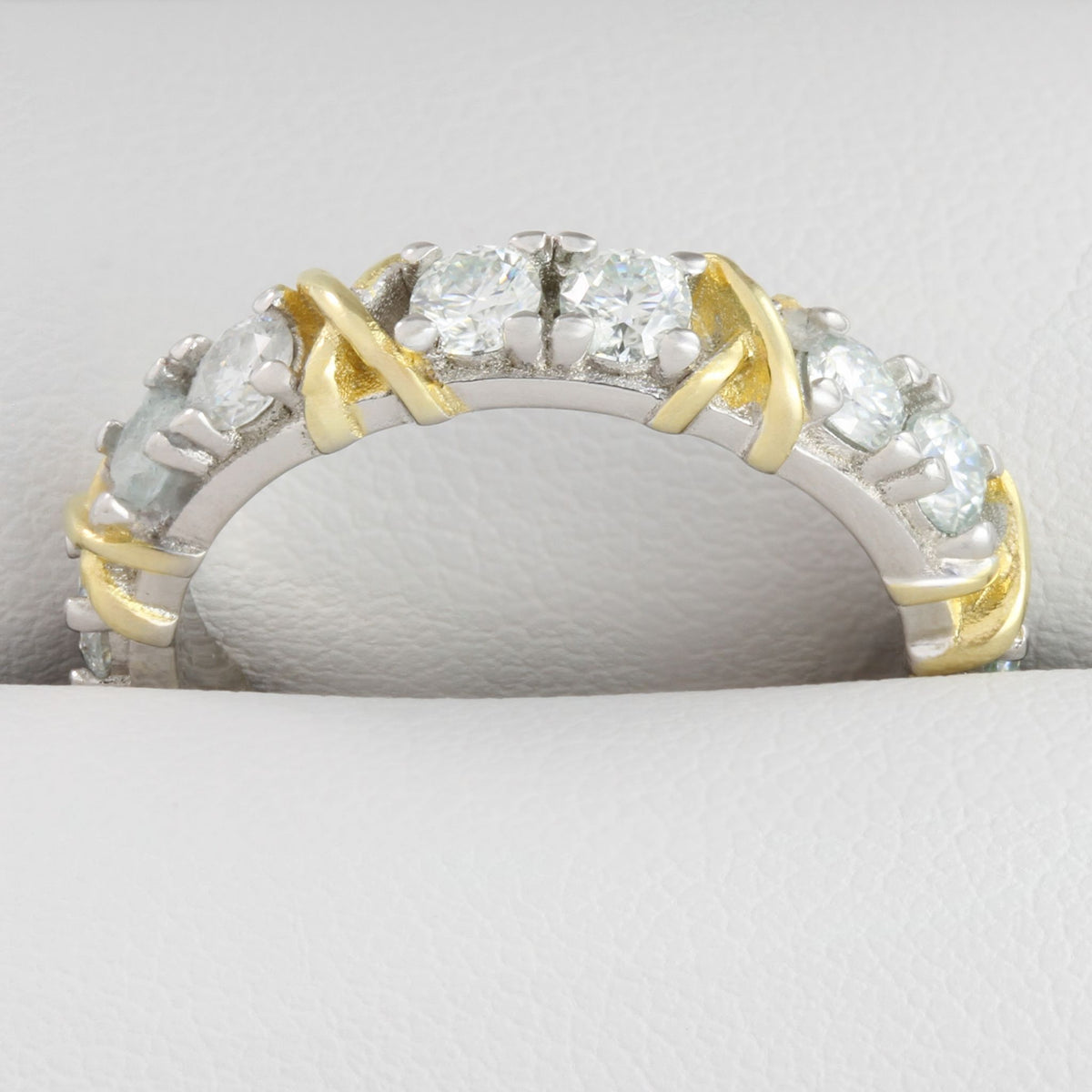 Detailed close up of white gold eternity ring with 3ct moissanite stones in a full circle band design