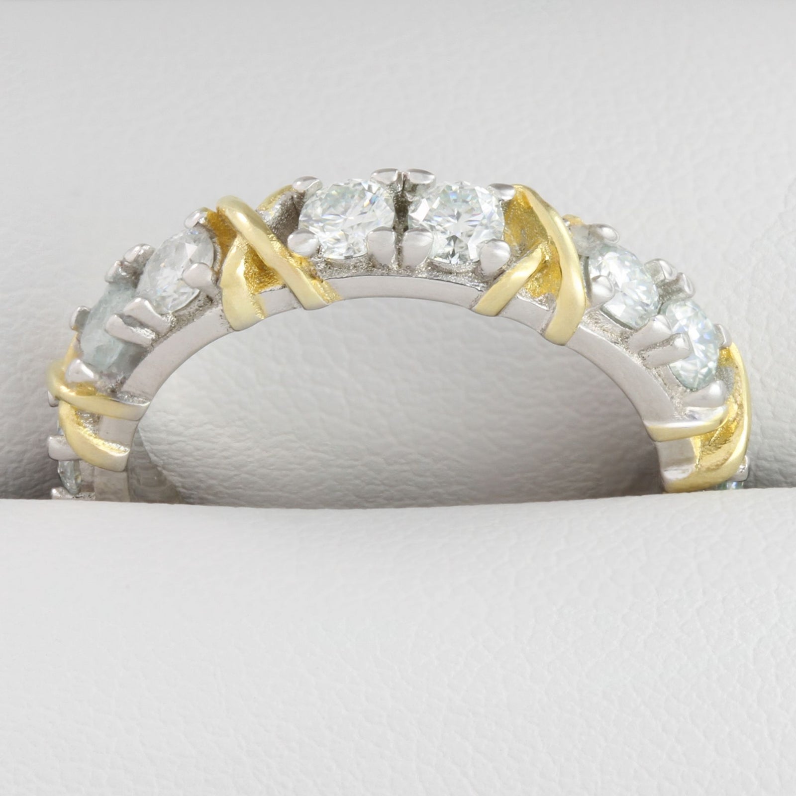 Detailed close up of white gold eternity ring with 3ct moissanite stones in a full circle band design