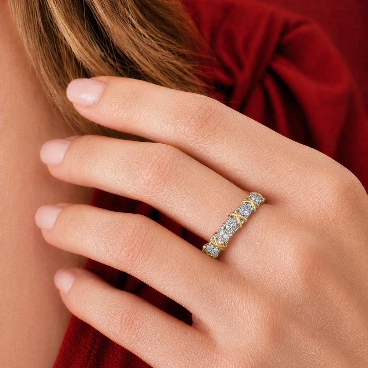 White Gold 3ct Moissanite Golden Kisses Eternity Dazzle Ring