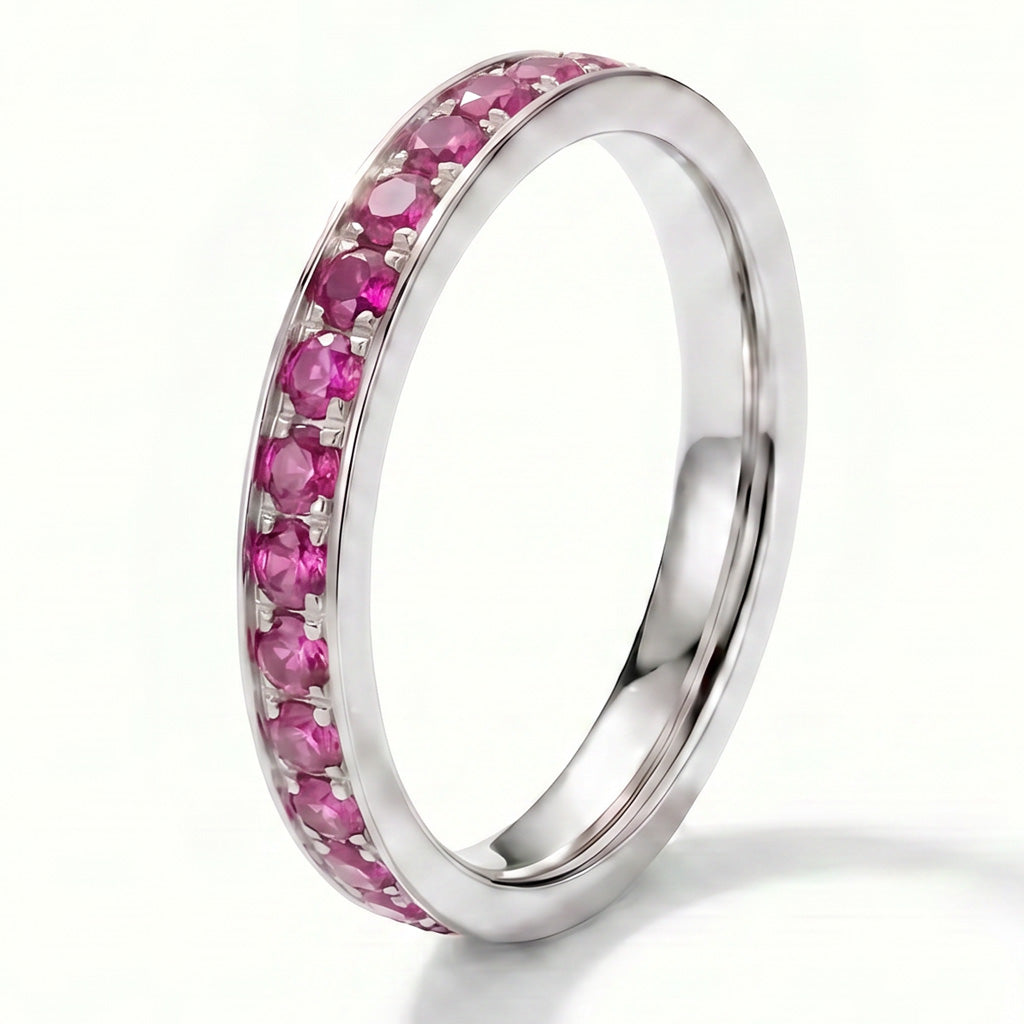 3mm White Gold 3mm Full Glitz Eternity Ring Bold Pink Cubic Zirconia Stacking Ring