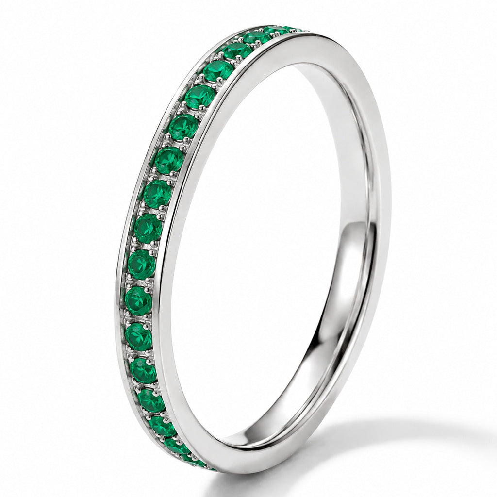 2mm White Gold Full Glitz Eternity Ring | Emerald Green Cubic Zirconia Stacking Ring