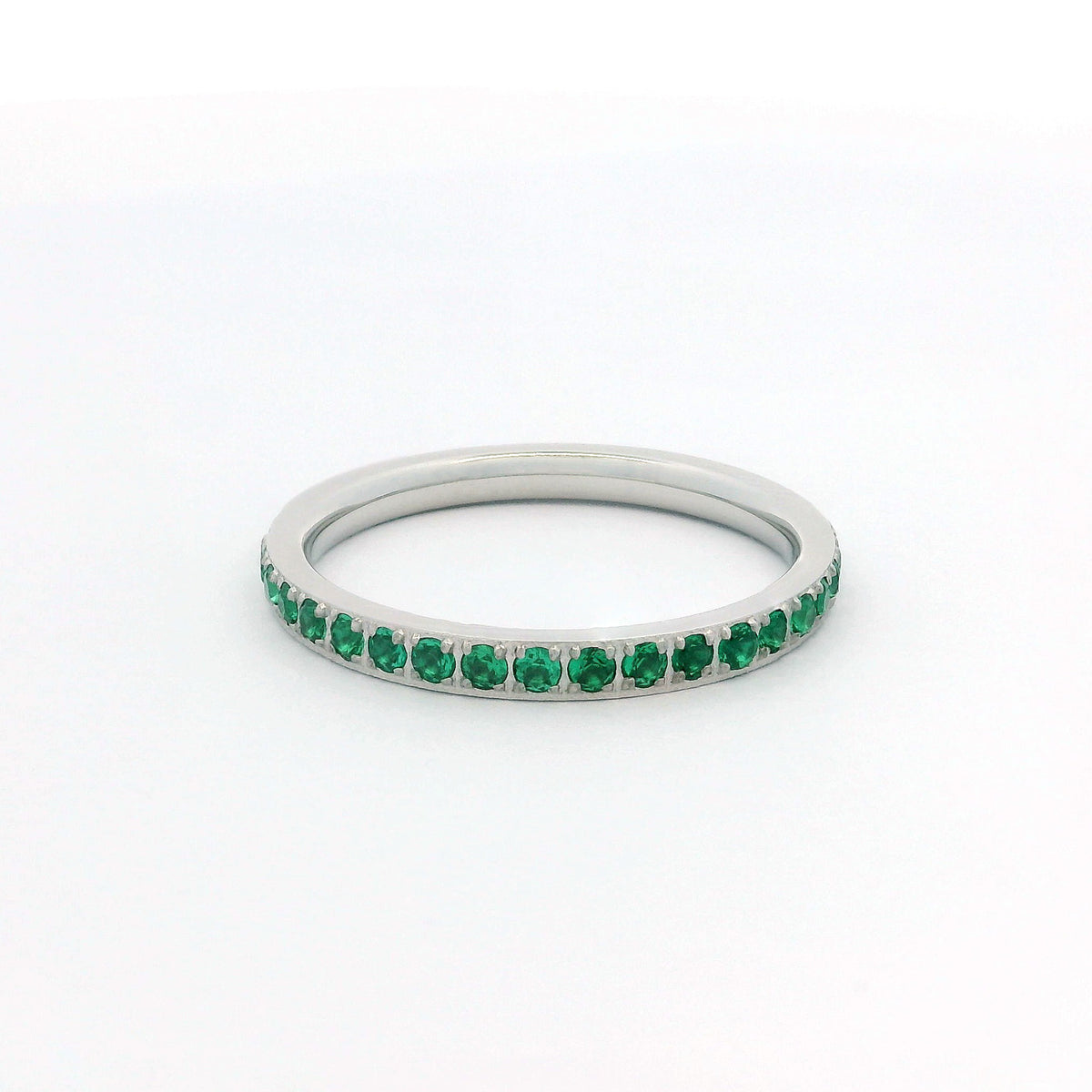 2mm White Gold Full Glitz Eternity Ring | Emerald Green Cubic Zirconia Stacking Ring