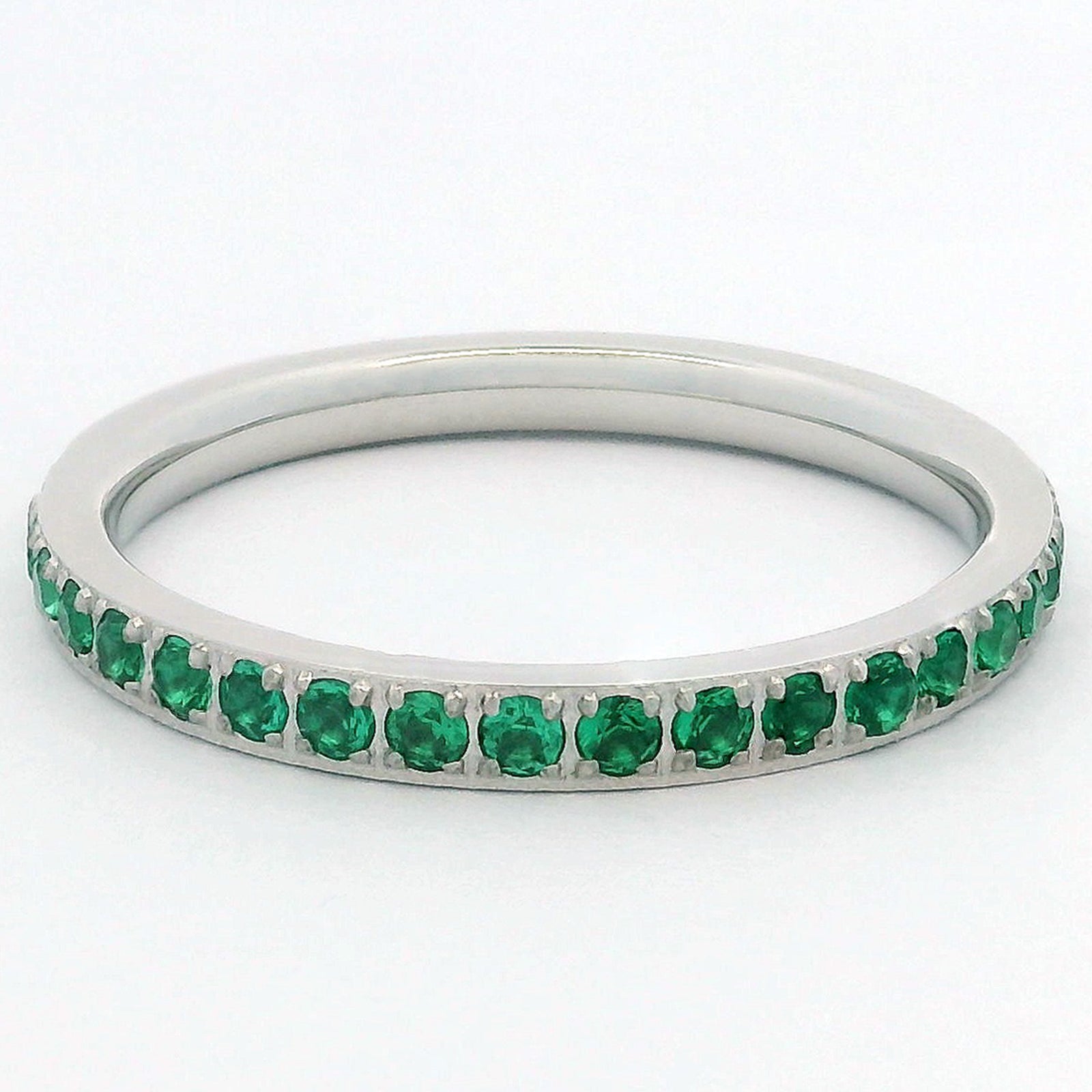 2mm White Gold Full Glitz Eternity Ring | Emerald Green Cubic Zirconia Stacking Ring